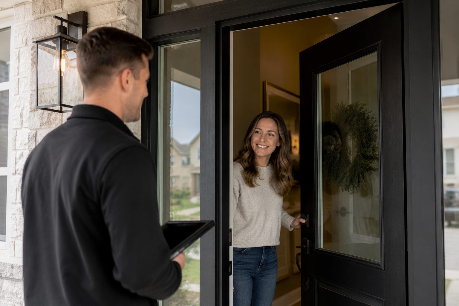 Sales professional greeting a homeowner at the door