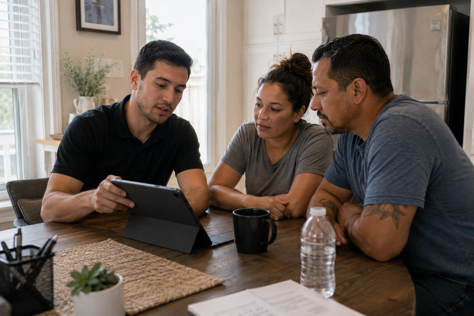 Sales consultant reviewing options with homeowners at their kitchen table